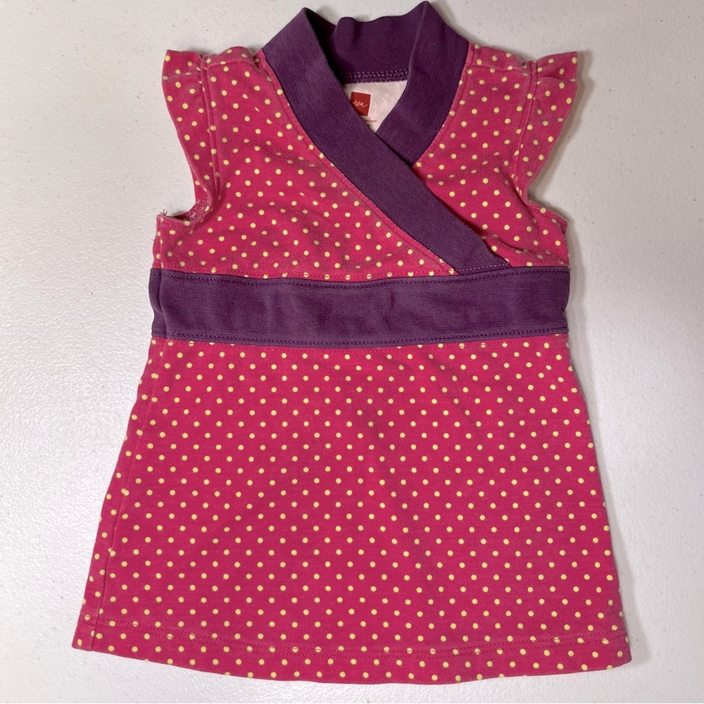 Tea Collection Sleeveless Knit dress in pink/purple with yellow polka dots 3-6m
